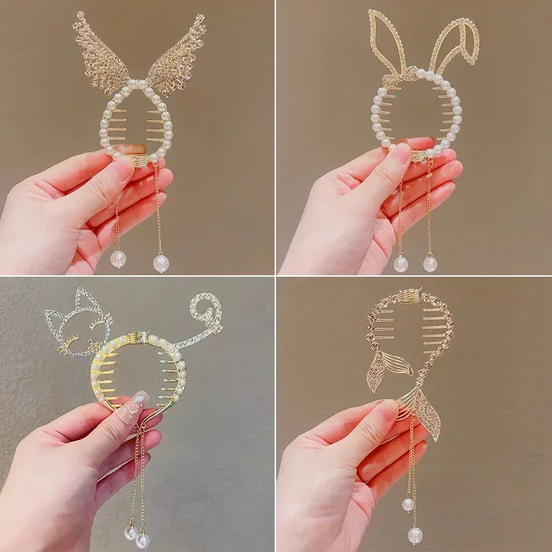 Whimsical Angel Wing Animal Ears Hair Clip with Tassel and Pearl Accents for Kids and Women
