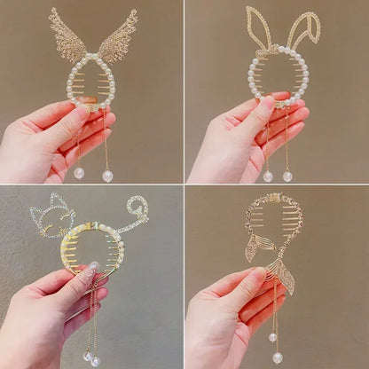 Whimsical Angel Wing Animal Ears Hair Clip with Tassel and Pearl Accents for Kids and Women