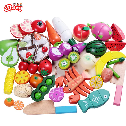 Wooden Pretend Play Kitchen Toy Set: Cutting Vegetables, Fish & Meat for Creative Learning and Fun