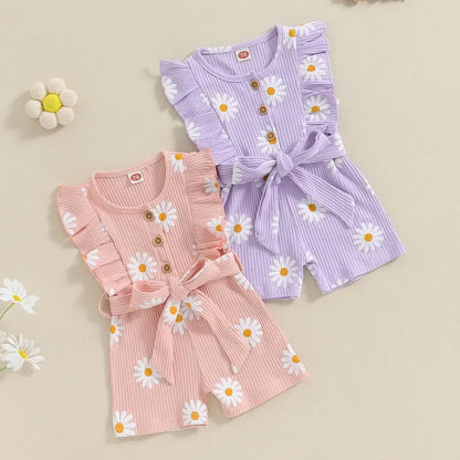 Summer Daisy Print Girls' Sleeveless Romper with Ruffled Sleeves and Belt