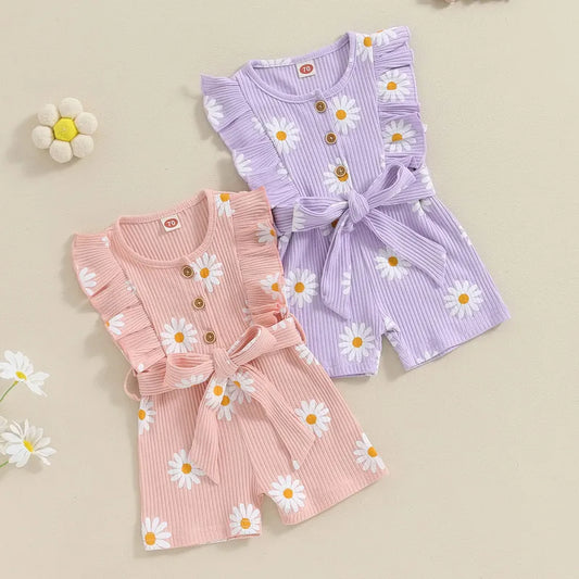 Summer Daisy Print Girls' Sleeveless Romper with Ruffled Sleeves and Belt