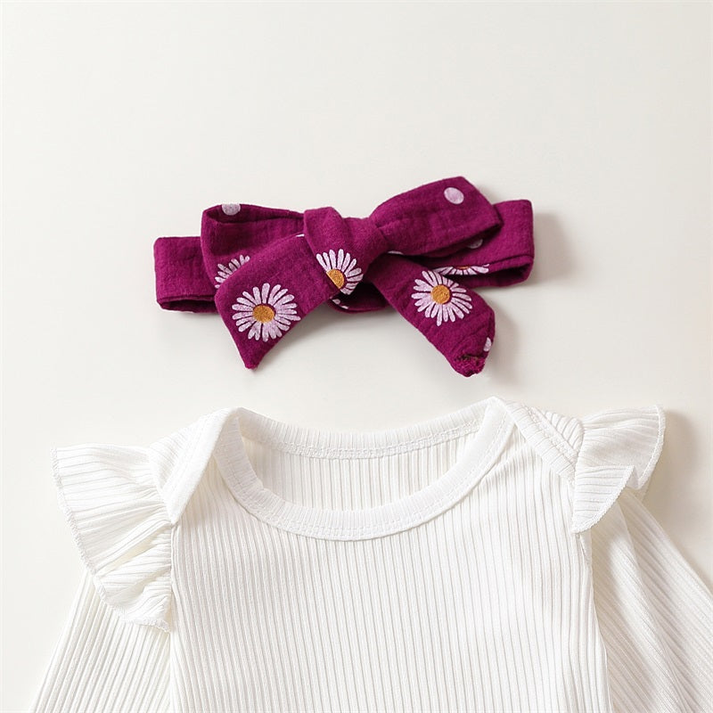 Adorable Baby Girl Autumn 3-Piece Cotton Outfits Set with Floral Romper, Pants, and Headband