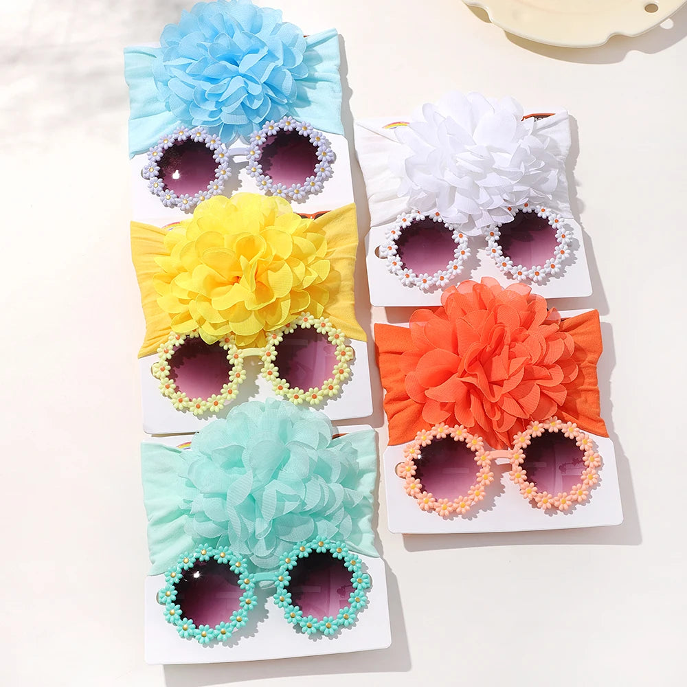 Adorable Handmade Flower Headband and Daisy Round Glasses Gift Set for Baby Girls and Toddlers