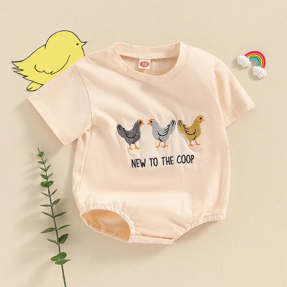 Unisex Baby Romper with Rooster Letter Embroidery - Casual Short Sleeve Jumpsuit for Newborns