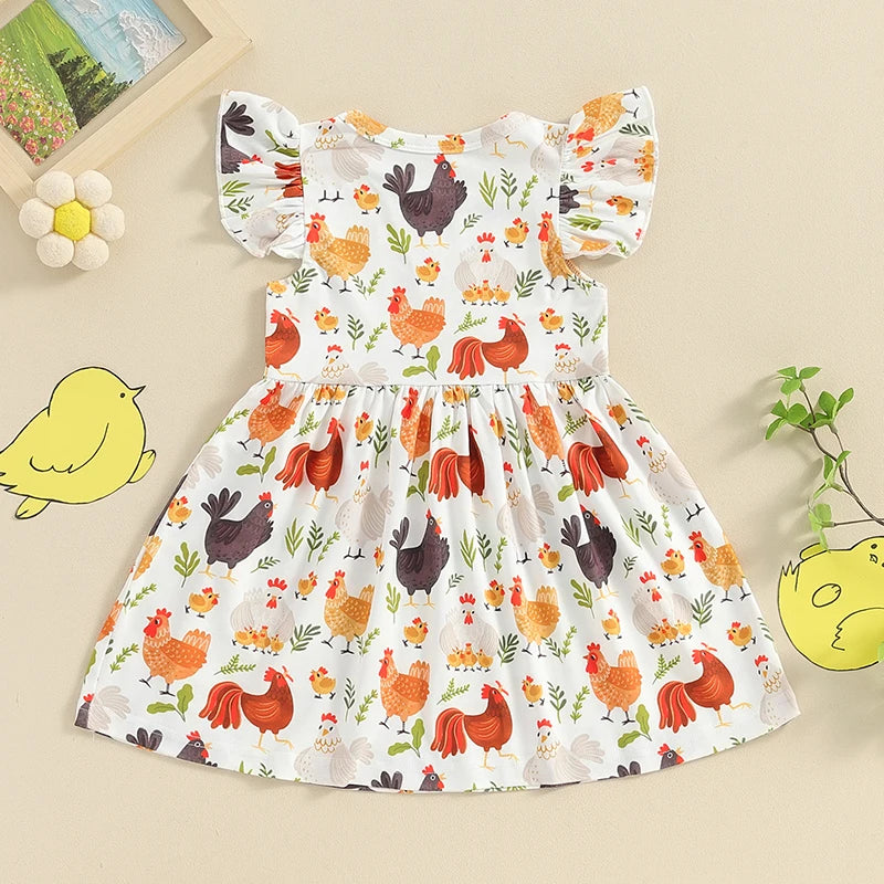 Toddler Girls Summer Casual Dress with Farm Rooster and Hen Print