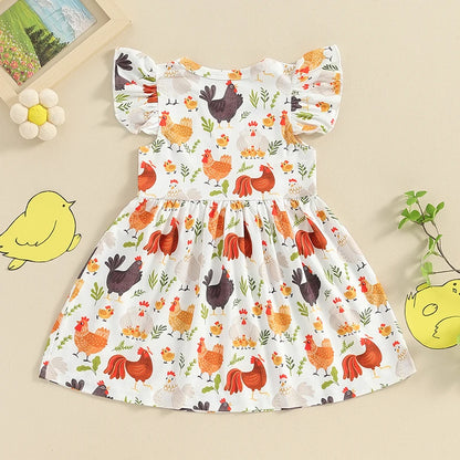 Toddler Girls Summer Casual Dress with Farm Rooster and Hen Print