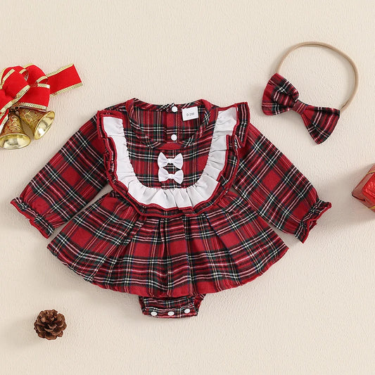 Adorable Baby Girls' Christmas Plaid Ruffle Romper Dress with Matching Headband - Newborn Outfit Set