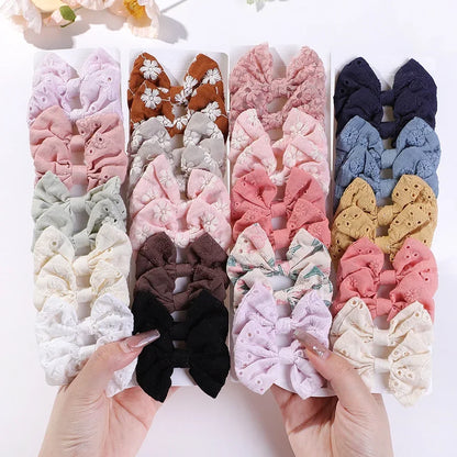 10-Piece Handmade Baby Hair Bows Set with Cotton Embroidery Clips for Girls