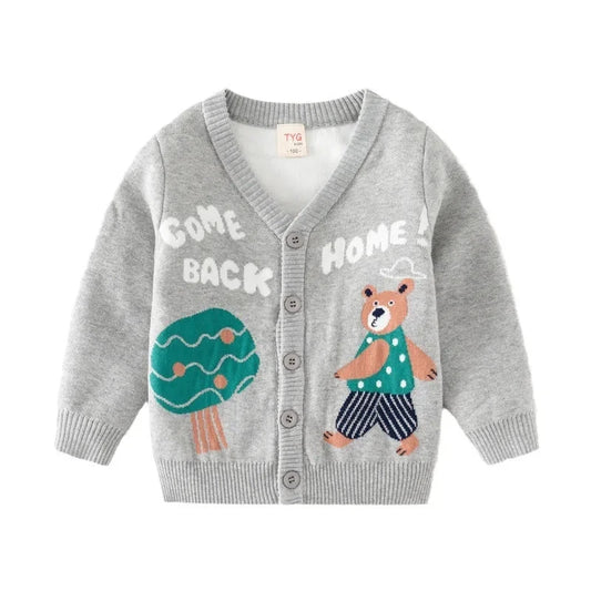 Adorable Cartoon Bear V-neck Knitted Cardigan Sweater for Baby Boys - Autumn & Winter Fashion Top