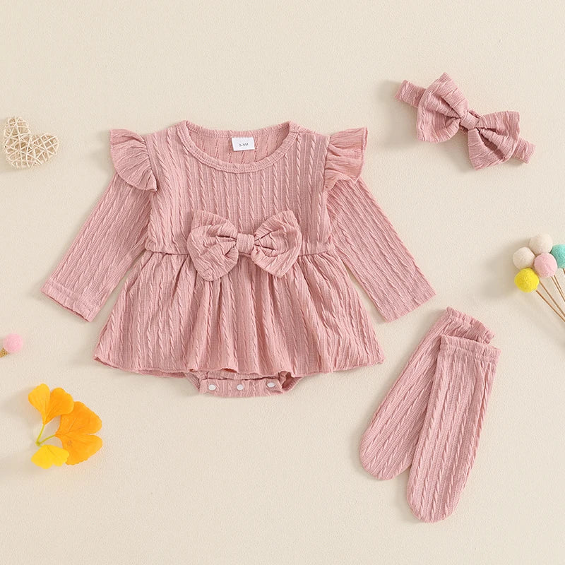 Adorable Baby Girls 3-Piece Ribbed Ruffled Romper Set with Bow, Headband, and Stockings