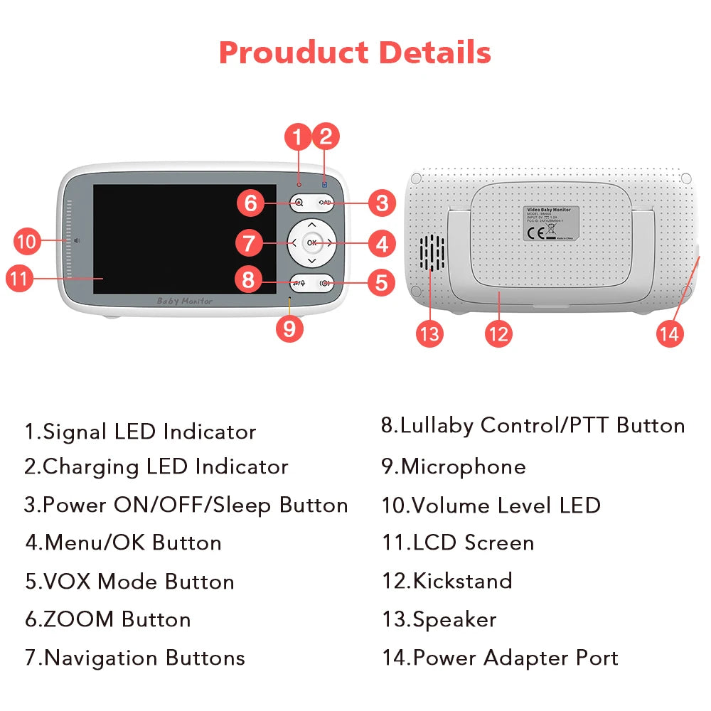 4-Inch HD Video Baby Monitor with 3X Digital Zoom, Two-Way Audio, Auto Night Vision, and Temperature Monitoring - Model VB615