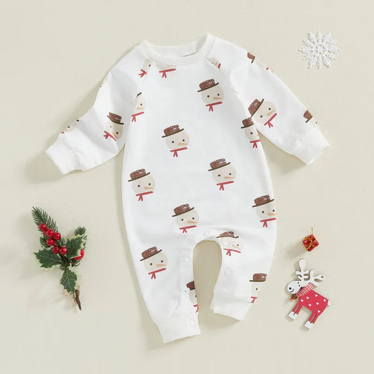 Adorable Unisex Snowman Print Baby Jumpsuit for 0-18 Months - Long Sleeve Round Neck Romper