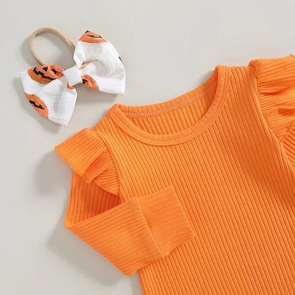 Adorable Baby Girl Long Sleeve Pumpkin Print Romper Set with Overall Shorts and Headband for Halloween