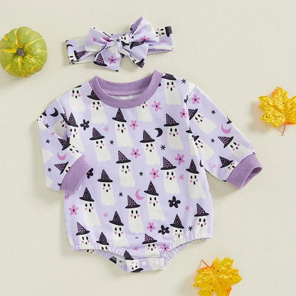 Adorable Baby Girl Halloween Ghost Print Long Sleeve Romper with Headband - Newborn Jumpsuit Outfit