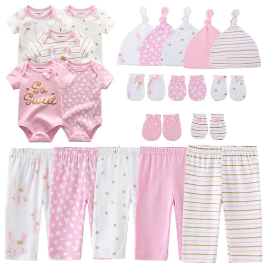Unisex Cartoon Baby Clothing Set: Cotton Bodysuits, Pants, Gloves & Hats for Newborns