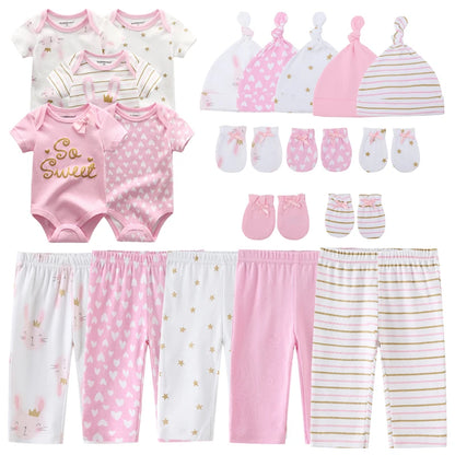Unisex Newborn Cotton Clothing Set: Bodysuits, Pants, Hats, Gloves & Bibs with Cute Animal Designs