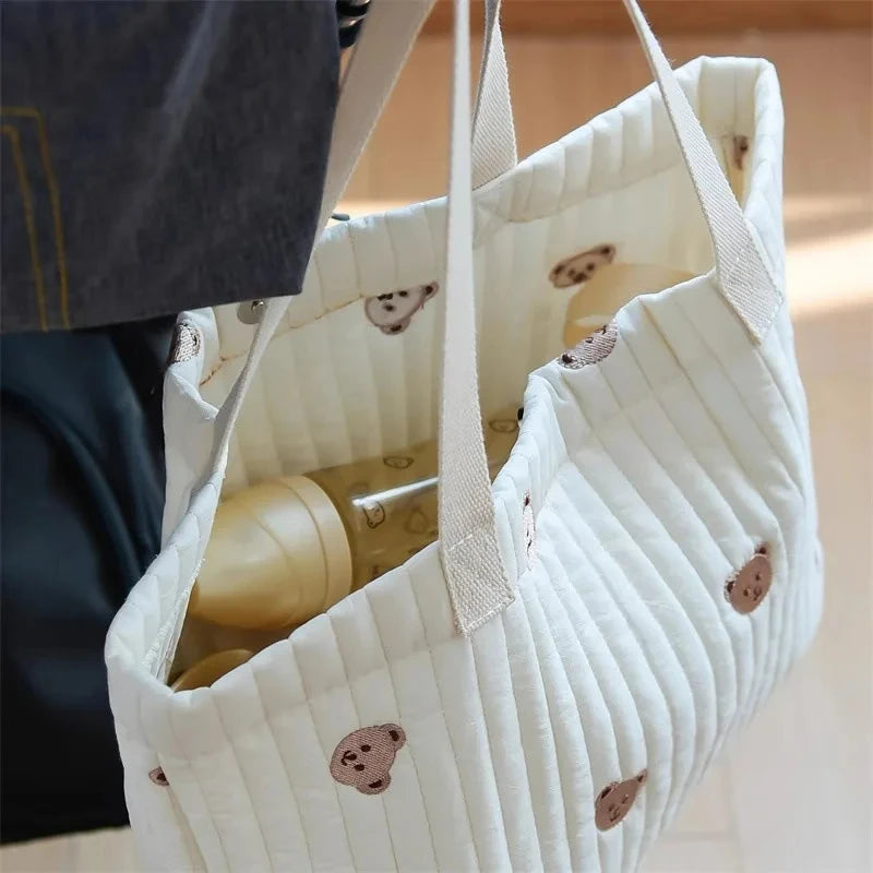 Stylish Large Capacity Embroidered Maternity Diaper Bag with Bear and Bunny Design for Stroller - Portable Travel Handbag for Moms