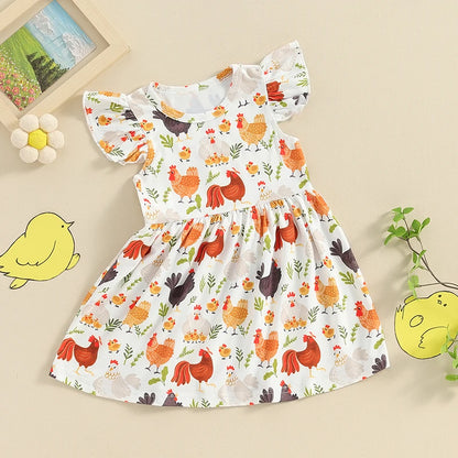 Toddler Girls Summer Casual Dress with Farm Rooster and Hen Print