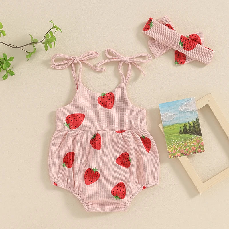 Adorable Baby Girl Summer Strawberry Print Romper and Headband Set - Cute Sleeveless Outfit