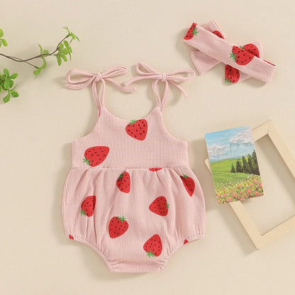 Adorable Baby Girl Summer Strawberry Print Romper and Headband Set - Cute Sleeveless Outfit