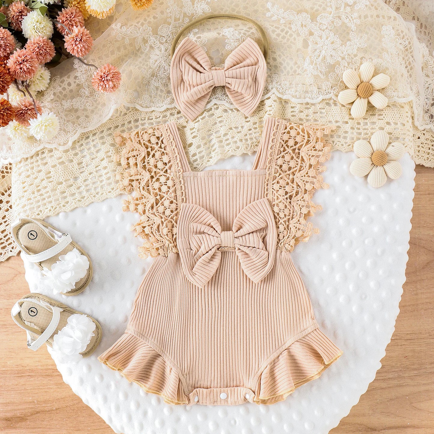 Toddler Girls Summer Lace Crochet Romper Set with Bow Headband - Cute Infant Outfit