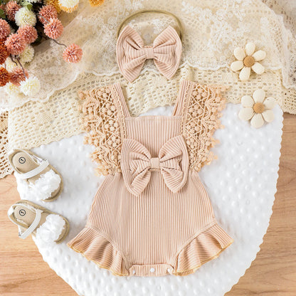 Toddler Girls Summer Lace Crochet Romper Set with Bow Headband - Cute Infant Outfit