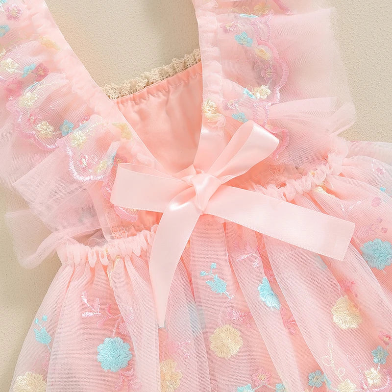 Adorable Summer Baby Girl Floral Embroidery Romper Dress with Headband - Princess Mesh Jumpsuit for Infants