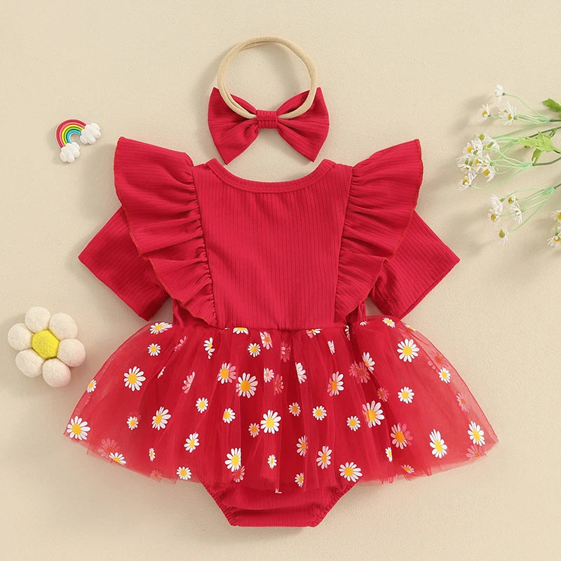 Adorable Baby Girl 2-Piece Daisy Print Summer Romper Dress Set with Matching Headband