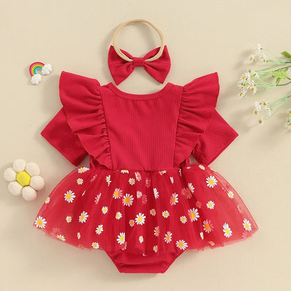 Adorable Baby Girl 2-Piece Daisy Print Summer Romper Dress Set with Matching Headband