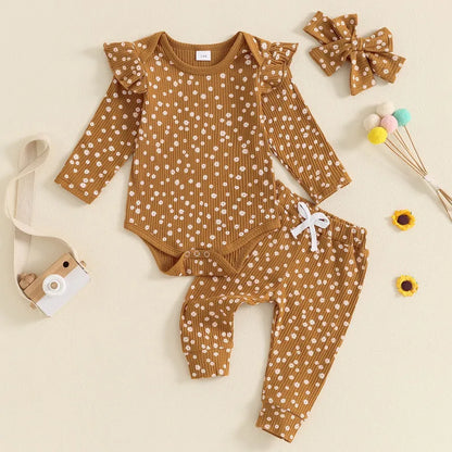 Adorable Floral 3-Piece Outfit Set for Newborn Baby Girls - Long Sleeve Bodysuit, Bow Pants, and Headband for Autumn