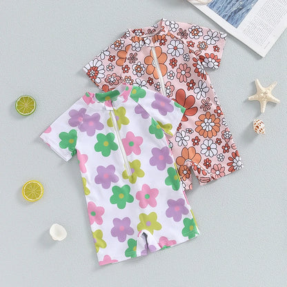 Adorable Floral Print Short Sleeve Swimsuit for Baby Girls - Summer Bathing Suit for Newborns and Toddlers