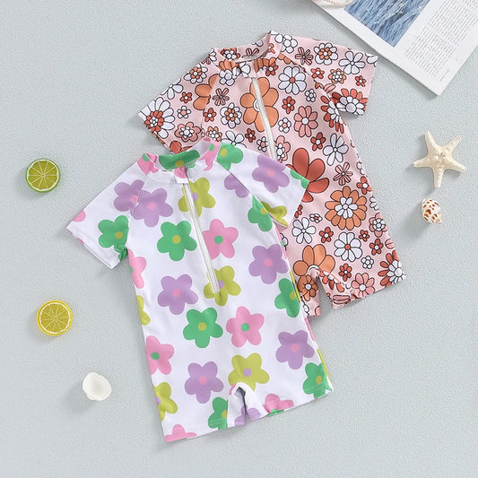 Adorable Floral Print Short Sleeve Swimsuit for Baby Girls - Summer Bathing Suit for Newborns and Toddlers