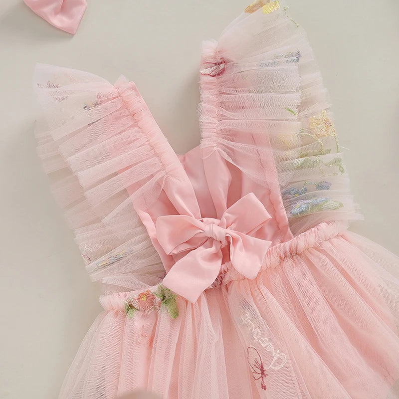 Adorable Baby Girls Floral Embroidery Jumper Dress with Matching Headband - Summer Casual Outfit