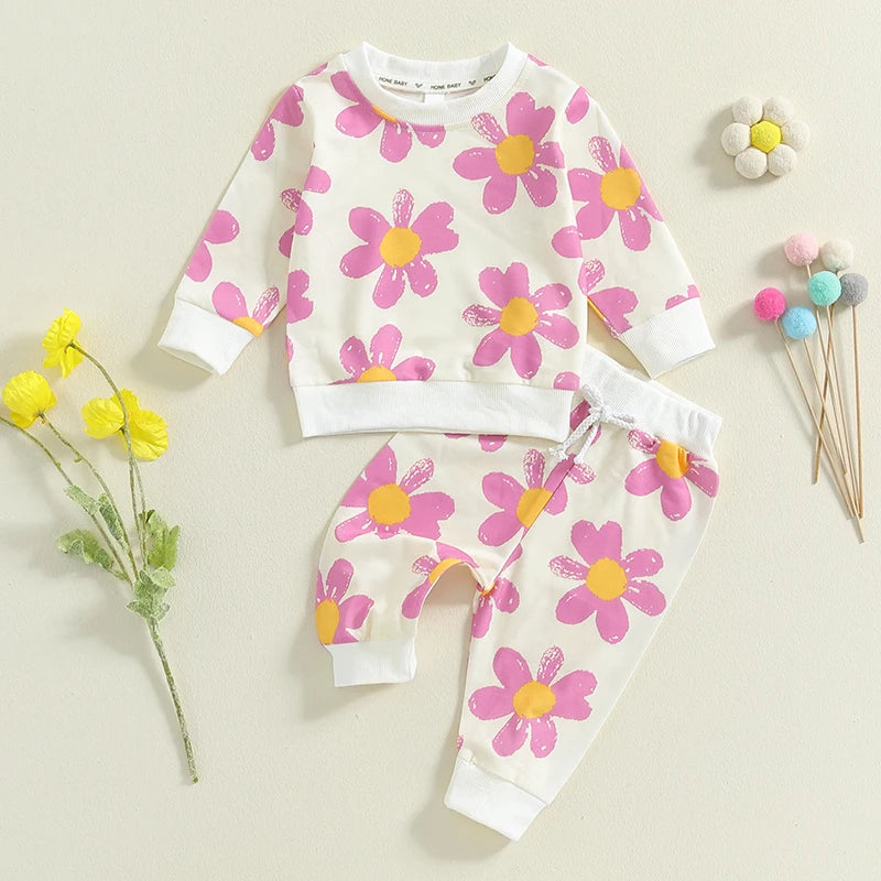 Toddler Girls' Flower Print 2-Piece Outfit Set for Spring and Autumn