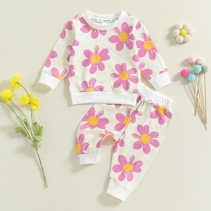 Toddler Girls' Flower Print 2-Piece Outfit Set for Spring and Autumn