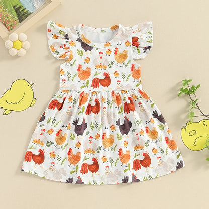 Toddler Girls Summer Casual Dress with Farm Rooster and Hen Print