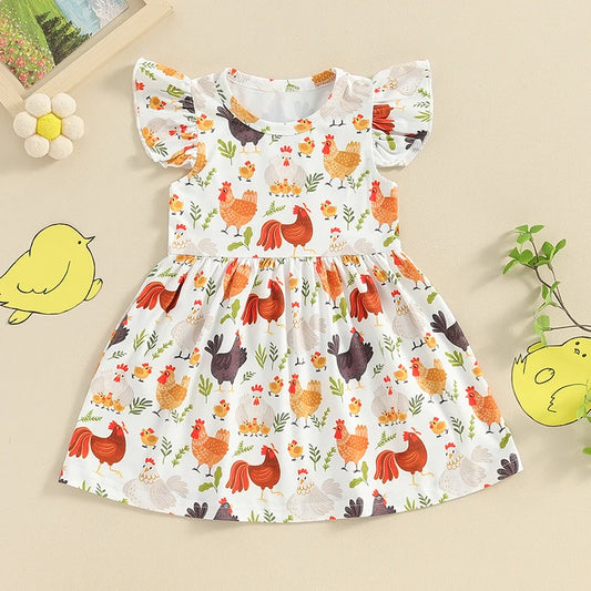 Toddler Girls Summer Casual Dress with Farm Rooster and Hen Print