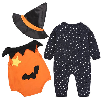 Toddler Halloween Devil Striped Jumpsuit & Hat 3-Piece Costume Set - Bat, Vampire, Pumpkin Designs