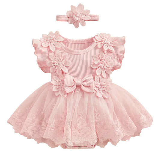 Adorable Newborn Baby Girl Ruffled Bodysuit Dress Set with Mesh Lace and Headband - Stylish Summer Outfit