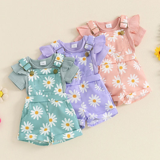 Toddler Summer Floral Print Short Sleeve Romper and Suspender Shorts Outfit for Baby Girls 0-18 Months