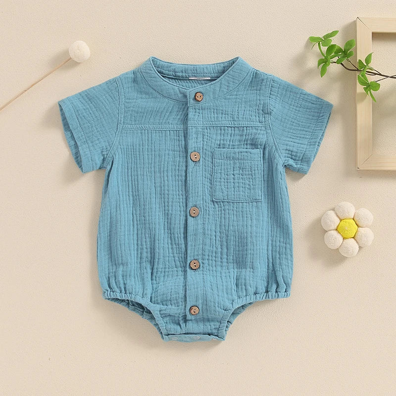 Summer Casual Baby Boy Shirred Romper - Short Sleeve Button Down Jumpsuit for Newborns (0-18 Months)