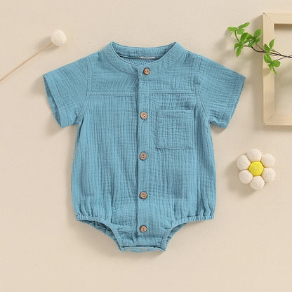 Summer Casual Baby Boy Shirred Romper - Short Sleeve Button Down Jumpsuit for Newborns (0-18 Months)