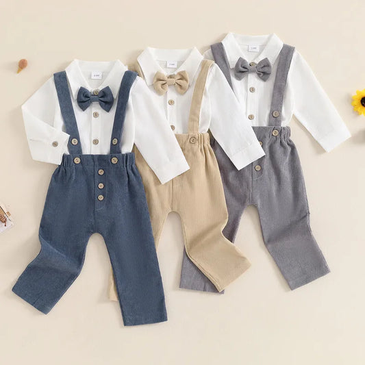 RUEWEY Baby Boy Corduroy Overall Set with Long Sleeve Bodysuit and Bow Tie for Spring and Autumn