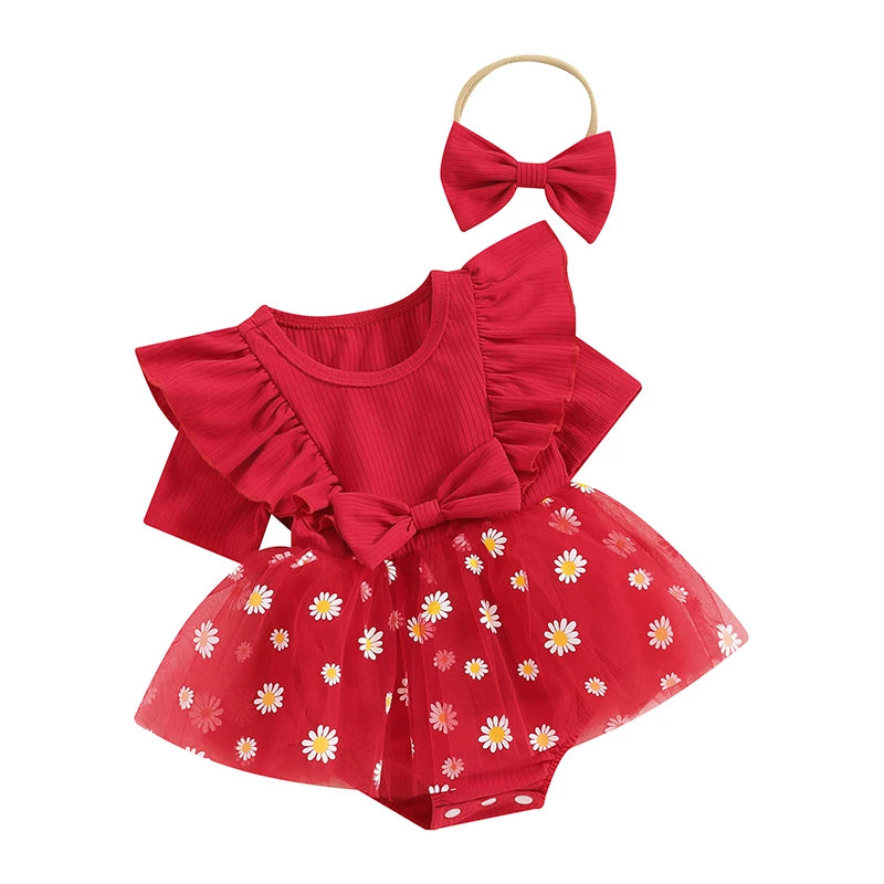 Adorable Baby Girl 2-Piece Daisy Print Summer Romper Dress Set with Matching Headband