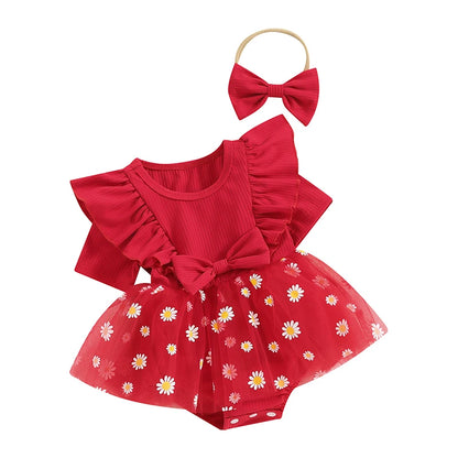 Adorable Baby Girl 2-Piece Daisy Print Summer Romper Dress Set with Matching Headband