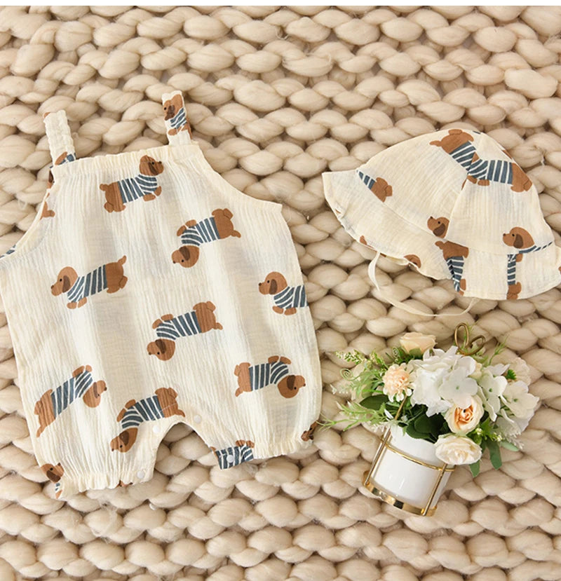 Adorable Cartoon Dog Summer Romper and Hat Set for Babies - Breathable Muslin Jumpsuit for Boys and Girls