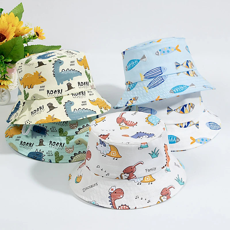Adorable Cartoon Dino Print Baby Bucket Hat for Boys and Girls - Cute Summer Fisherman Cap for Infants and Toddlers