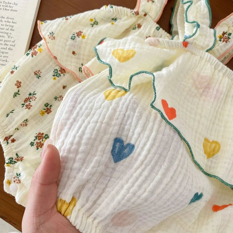 Summer Floral Muslin Baby Romper Set with Hat - Sweet Heart Print Sleeveless Jumpsuit for Newborns and Toddlers