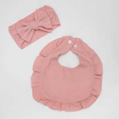 Stylish Ribbed Baby Bibs with Hair Bows and Headbands for Boys and Girls - Ruffled Flower Feeding Accessories