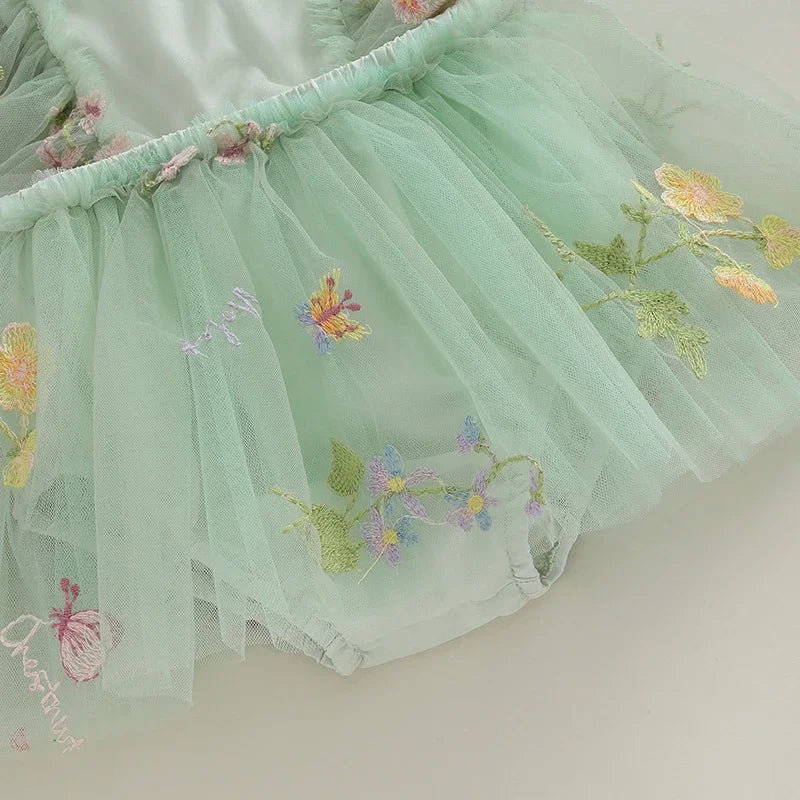 Adorable Baby Girl 2-Piece Floral Embroidery Tulle Romper Dress with Ruffle Sleeves and Headband Set